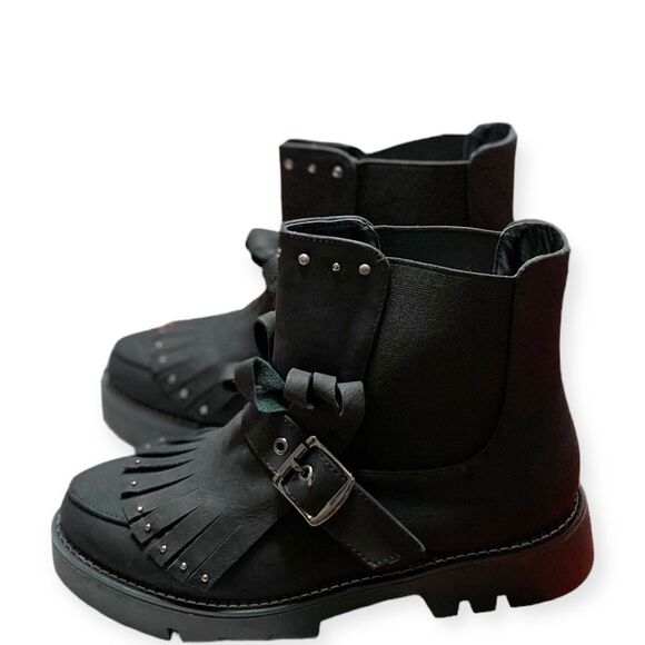 Black Buckle Studded Tassel Strap Slip On Combat Boots NEW - Picture 2 of 4